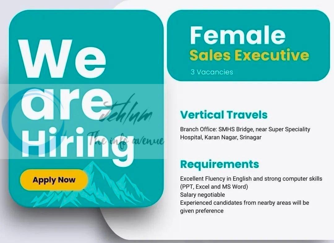 Vertical Travels Srinagar Female Sales Executive job opportunities 2026