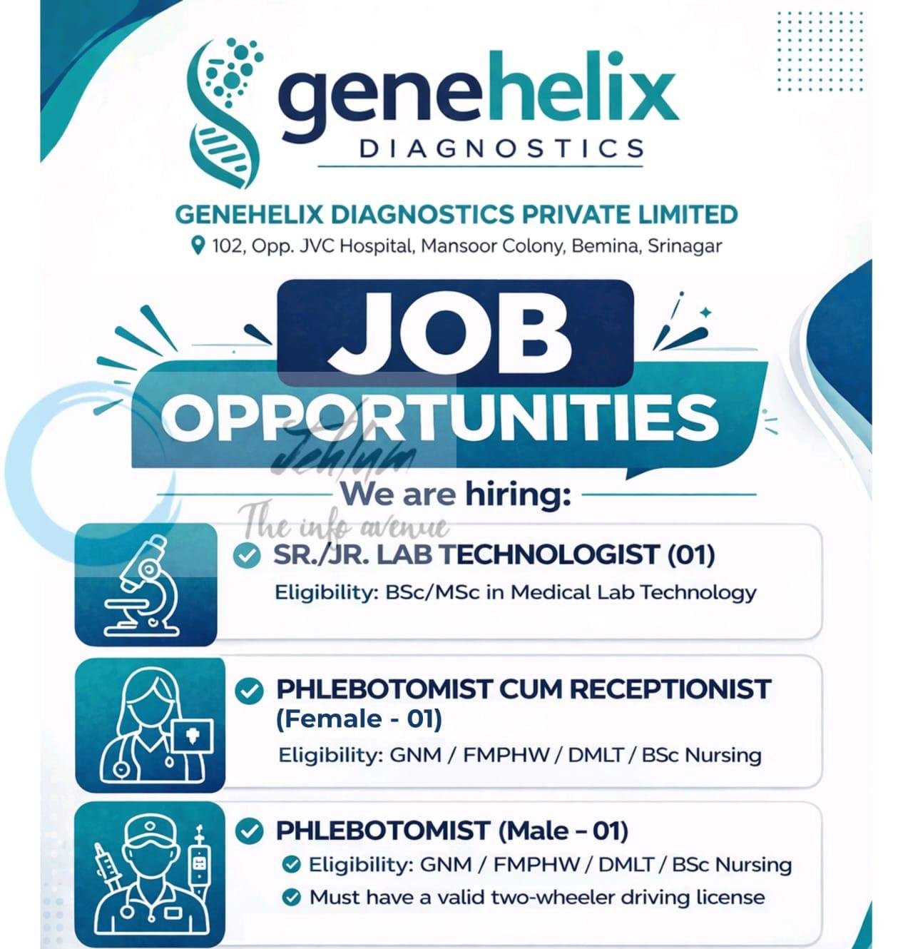 Genehelix Diagnostics Private Limited Srinagar Lab Technologist Phlebotomist job opportunities 2026