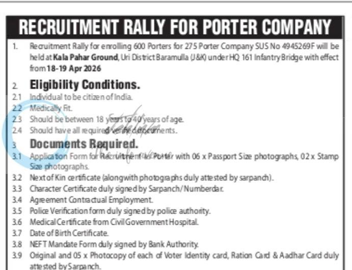 Indian Army 275 Porter Company Uri Porters job opportunities notice 06/01/2025/D/QS/2026
