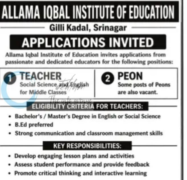 Allama Iqbal Institute of Education AIIE Srinagar Teacher Peon job opportunities 2026