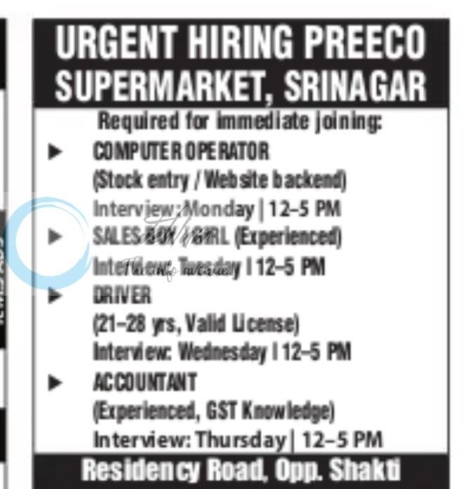 Preeco Supermarket Srinagar Computer Operator Sales Boy Driver Accountant job opportunities 2026
