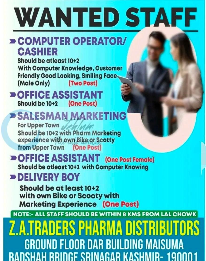 Z A Traders Pharma Distributors Srinagar Computer Operator Office Assistant job opportunities 2026