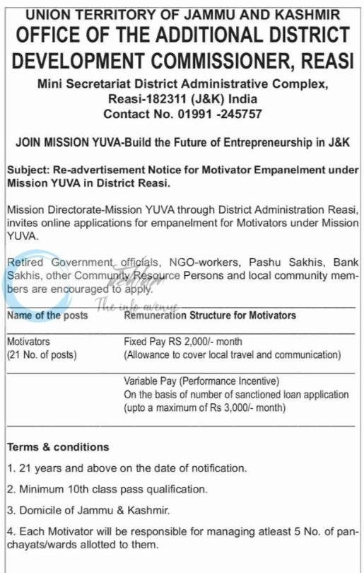 District Administration Reasi ADDC Mission YUVA Reasi Motivators job opportunities notice DIP/J-145 2026