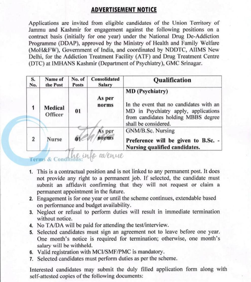 Institute of Mental Health and Neurosciences IMHANS GMC Srinagar Medical Officer Nurse job opportunities notice PA/HOD/Psy/ Adv/2026/310-18