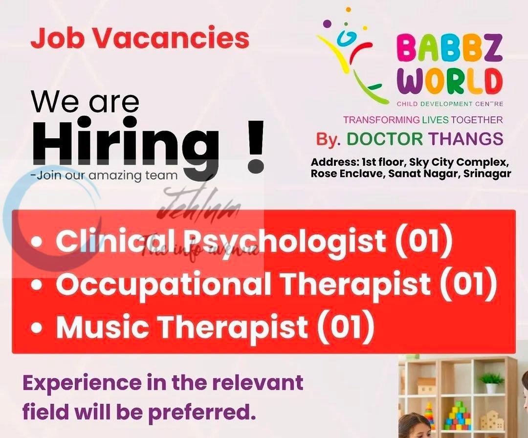 Babbz World Child Development Centre Srinagar Clinical Psychologist Occupational Therapist Music Therapist job opportunities 2026