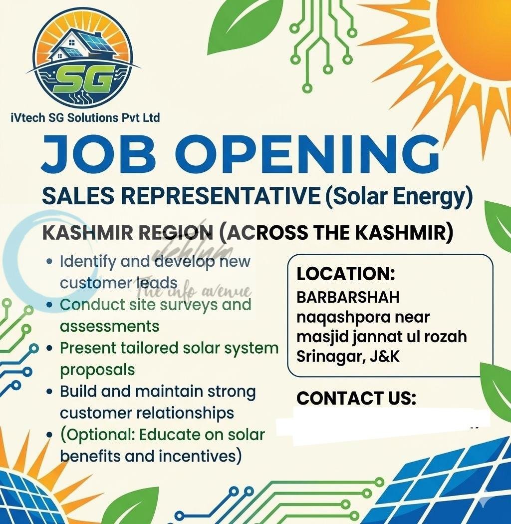 iVtech SG Solutions Pvt Ltd srinagar Sales Representative Solar Energy job opportunities 2026