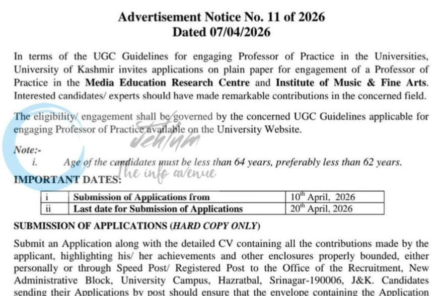 University of Kashmir KU Professor of Practice Recruitment Advertisement Notice No 11 of 2026 1 University of Kashmir KU Professor of Practice Recruitment Advertisement Notice No 11 of 2026