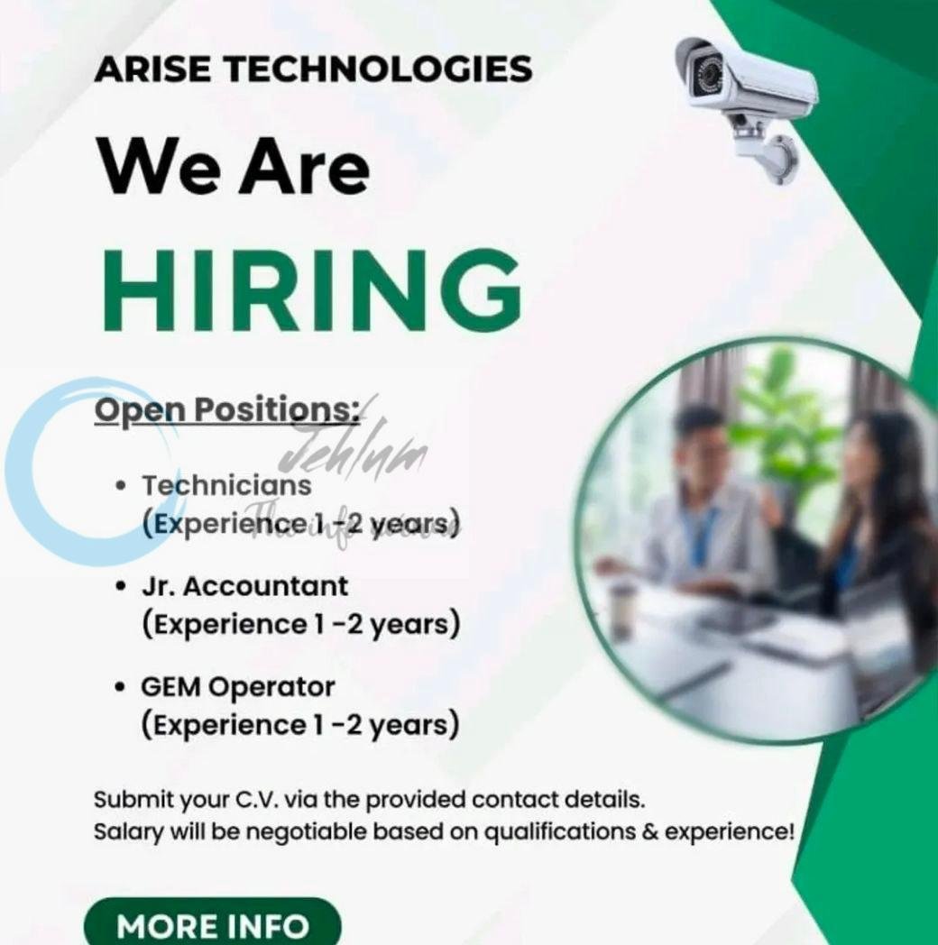Arise Technologies Srinagar Technicians Jr Accountant GEM Operator job opportunities 2026