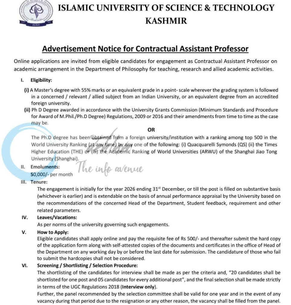 Islamic University of Science and Technology IUST Department of Philosophy Kashmir Contractual Assistant Professor job opportunities 2026