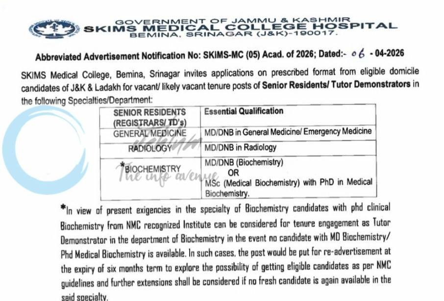 SKIMS Medical College Hospital SKIMS MC Bemina Srinagar Senior Residents Tutor Demonstrators job opportunities notice SKIMS-MC/05/Acad of 2026