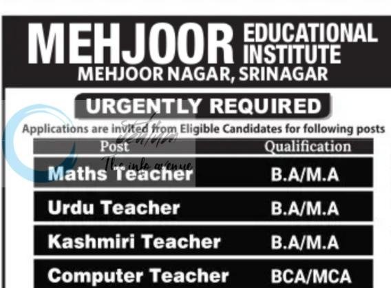 Mehjoor Educational Institute Srinagar Maths Urdu Kashmiri Computer Teachers job opportunities 2026