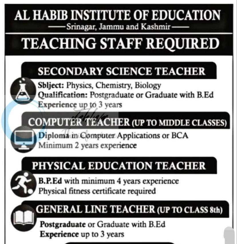 Al Habib Institute of Education Srinagar Secondary Science Teacher Computer Teacher Physical Education Teacher job opportunities 2026