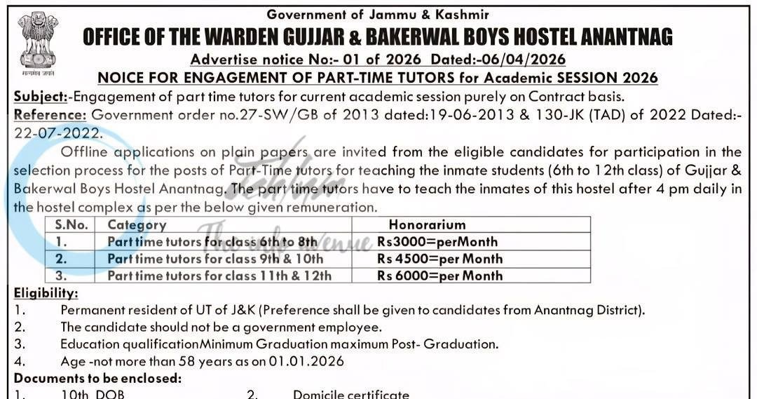 Office of the Warden Gujjar and Bakerwal Boys Hostel Anantnag Part-Time Tutors job opportunities notice 01 of 2026