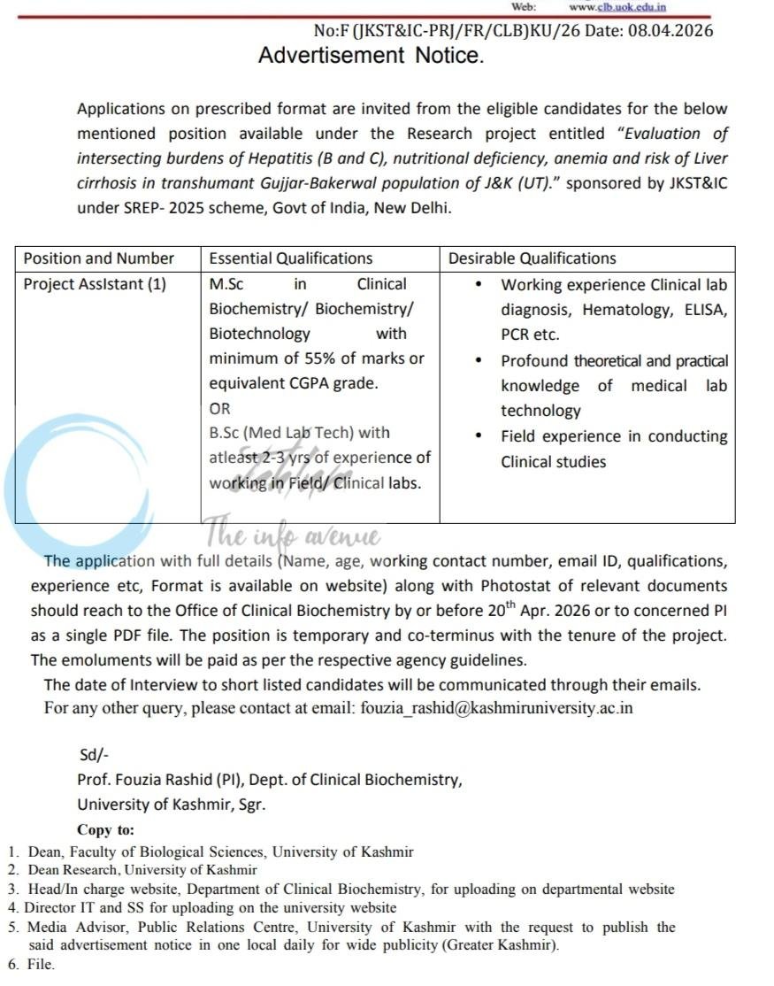 University of Kashmir KU Clinical Biochemistry Srinagar Project Assistant job opportunities 2026