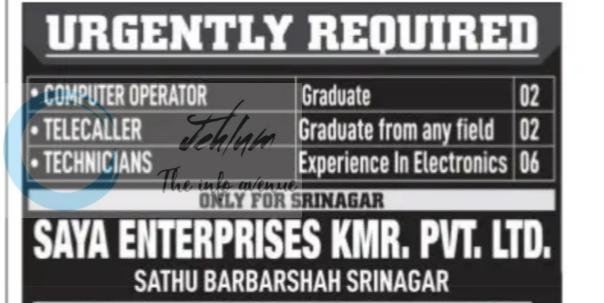 Saya Enterprises Kmr Pvt Ltd Srinagar Computer Operator Telecaller Technicians job opportunities 2026
