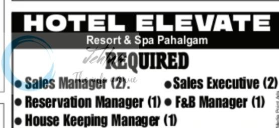 Hotel Elevate Resort and Spa Pahalgam Sales Manager Reservation Manager FandB Manager job opportunities 2026