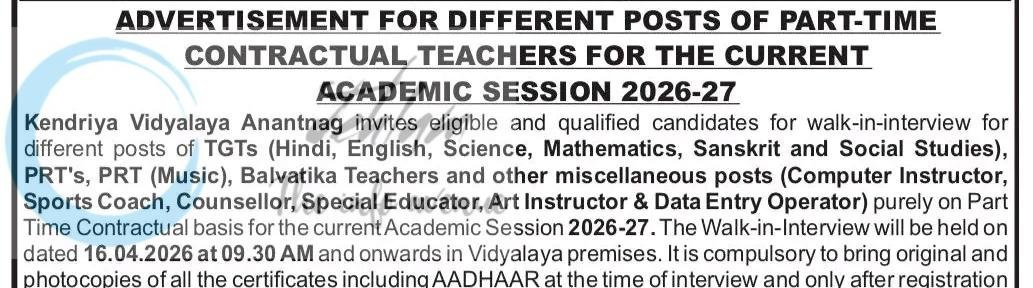 Kendriya Vidyalaya Brakpora KVB Anantnag TGTs PRTs Balvatika Teachers job opportunities 2026
