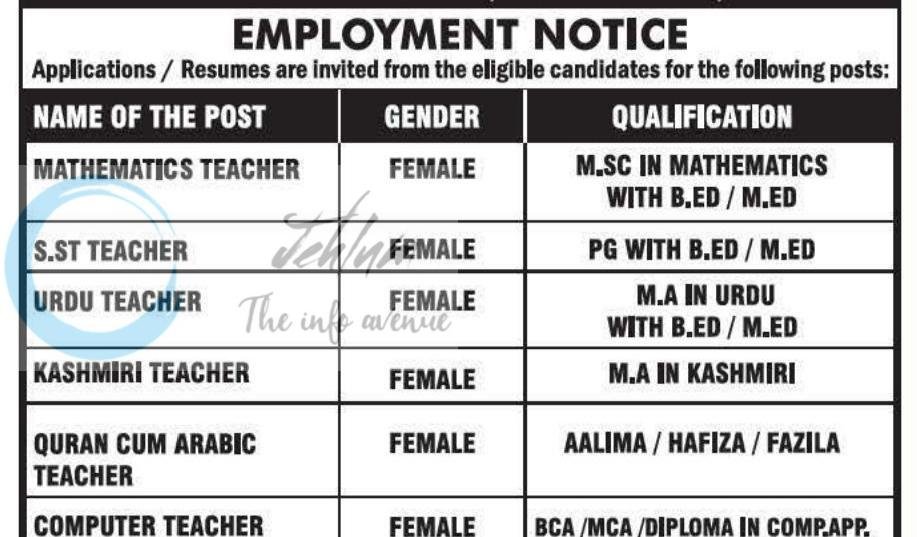 Al Noor Model School Srinagar Mathematics Teacher Urdu Teacher Computer Teacher job opportunities 2026