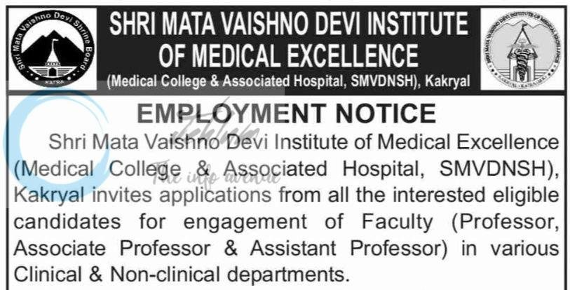 Shri Mata Vaishno Devi Institute of Medical Excellence SMVDIME SMVDNSH Kakryal Professor Associate Professor Assistant Professor employement opportunities notice SMVDIME/Rec/54 2026