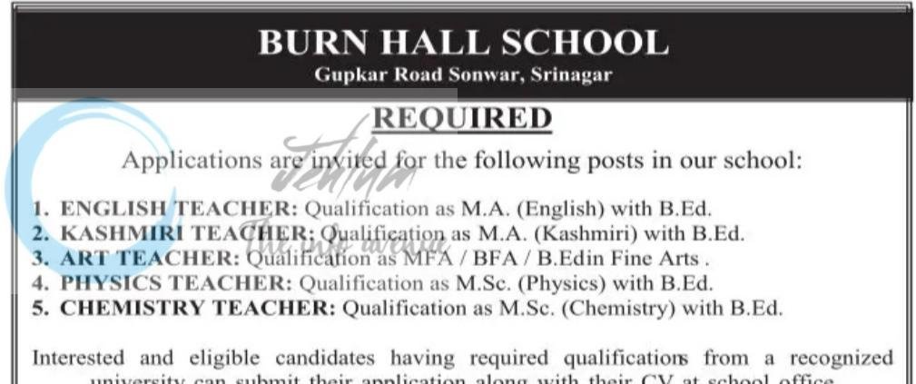 BURN HALL SCHOOL BHS SRINAGAR ENGLISH TEACHER KASHMIRI TEACHER ART TEACHER job opportunities notice BHS/78/25-26/ADVT/SEC