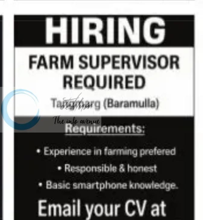 FAMILY FARMS TANGMARG BARAMULLA FARM SUPERVISOR job opportunities 2026