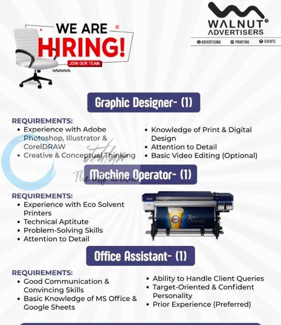Walnut Advertisers Srinagar Graphic Designer Machine Operator Office Assistant job opportunities 2026