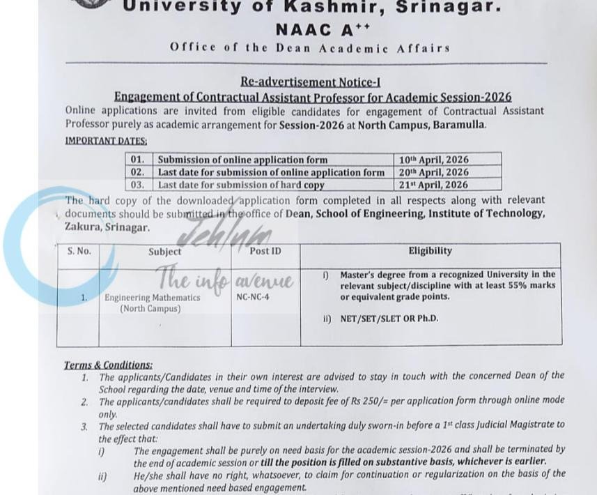 University of Kashmir KU North Campus Baramulla Assistant Professor job opportunities notice F/Re-Advt-Appt-AP-Cont-2026-NC/DAA/KU-01