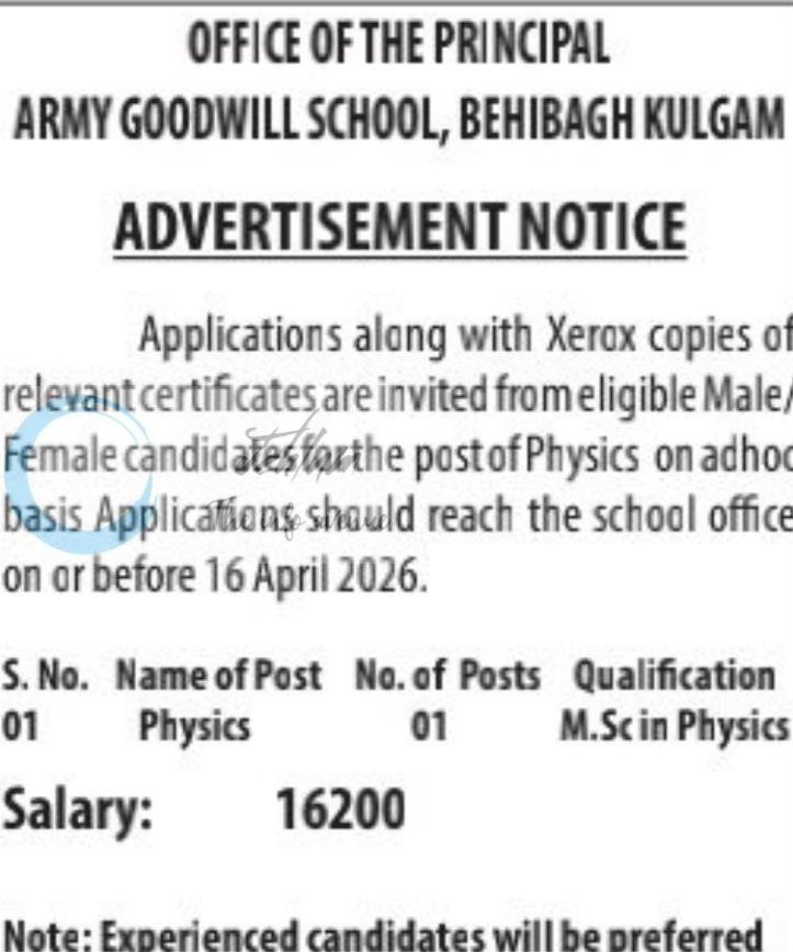 Army Goodwill School AGS Behibagh Kulgam Physics job opportunities 2026