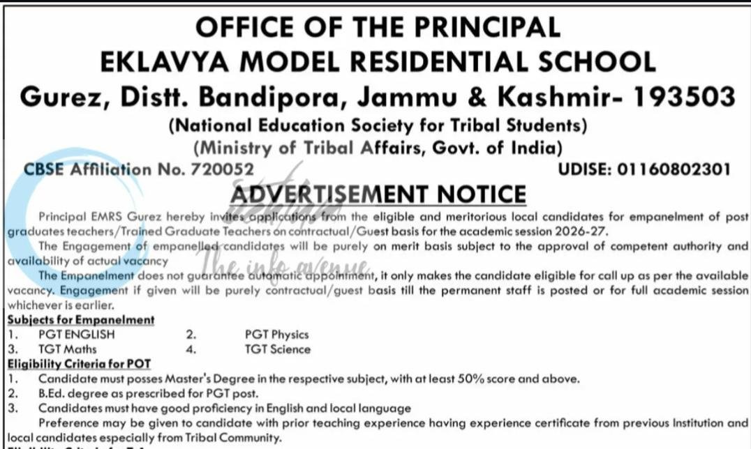 Eklavya Model Residential School EMRS Gurez PGT TGT Recruitment Advt DIPK-279-26/09-04-26 1 Eklavya Model Residential School EMRS Gurez PGT TGT Recruitment Advt DIPK-279-26/09-04-26
