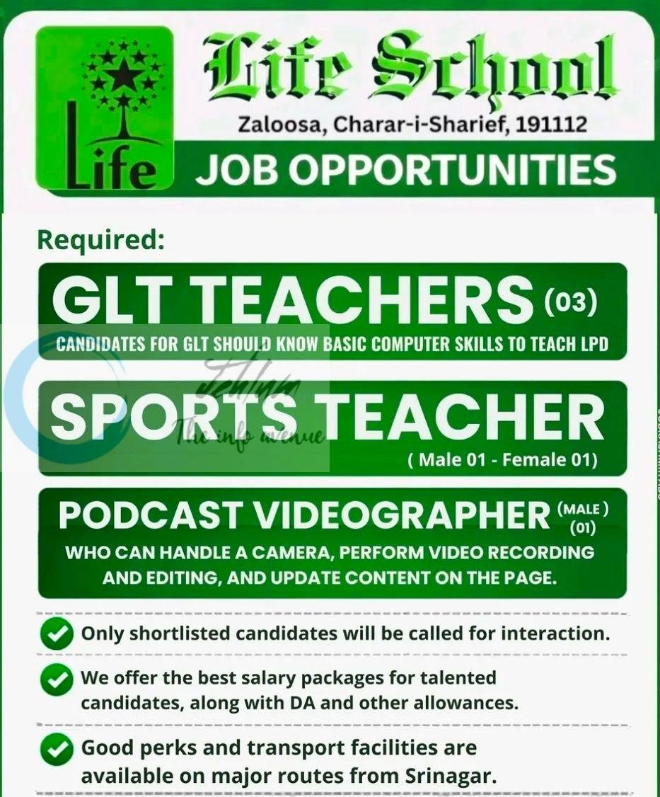 Life School Zaloosa Charar-i-Sharief GLT Teachers Sports Teacher Podcast Videographer job opportunities 2026