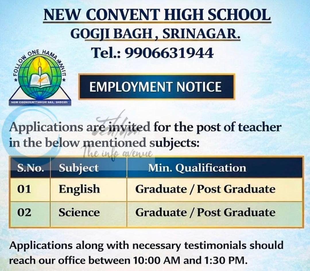 New Convent High School Gogji Bagh Srinagar Teacher English Science job opportunities 2026