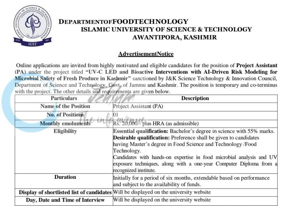 Islamic University of Science and Technology IUST Department of Food Technology Awantipora Project Assistant job opportunities notice IUST/DOFT/DITBSS-Projectadv/26/203 2026