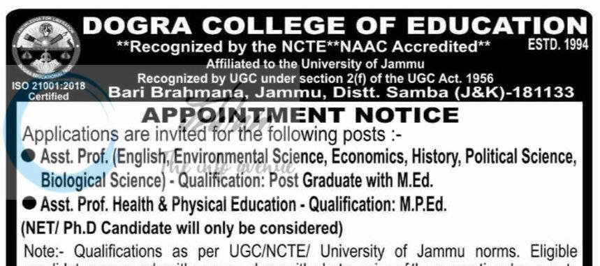 Dogra College of Education Bari Brahmana Jammu Asst Prof job opportunities 2026