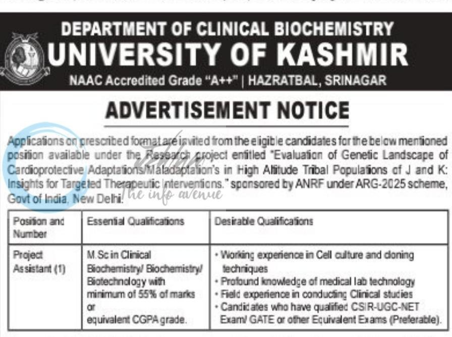 University of Kashmir KU Department of Clinical Biochemistry Srinagar Project Assistant job opportunities notice DIPK-NB-130-26 2026