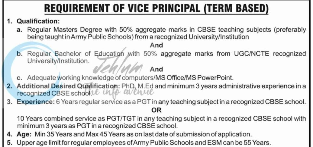 Army Public School APS Miran Sahib Jammu Vice Principal Recruitment Advt 2026