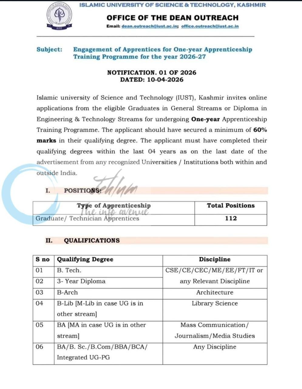 Islamic University of Science and Technology IUST Office of the Dean Outreach Awantipora Graduate Technician Apprentices job opportunities Notice 01 of 2026