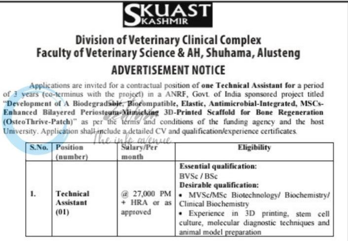 SKUAST Kashmir SKUAST-K Division of Veterinary Clinical Complex Shuhama Technical Assistant job opportunities notice DIPK-NB-146-26 2026