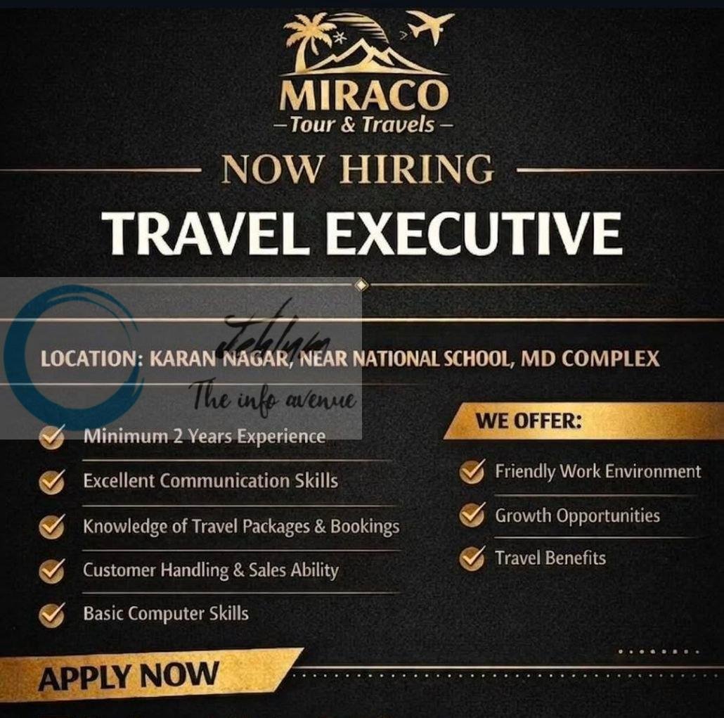 Miraco Tour and Travels Karan Nagar Travel Executive job opportunities 2026