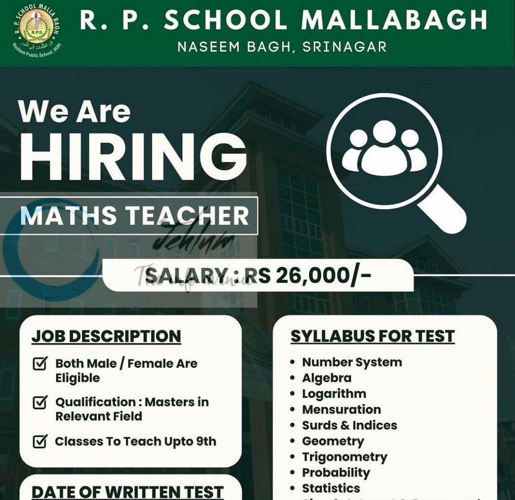 R P School Mallabagh Srinagar Maths Teacher job opportunities 2026