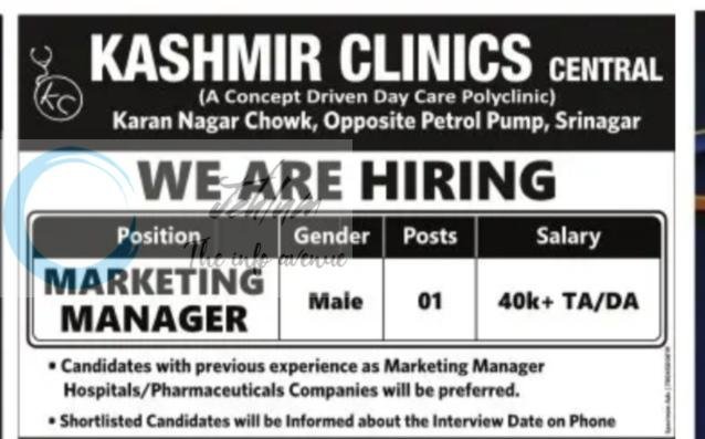 Kashmir Clinics Central KCC Srinagar Marketing Manager job opportunities 2026
