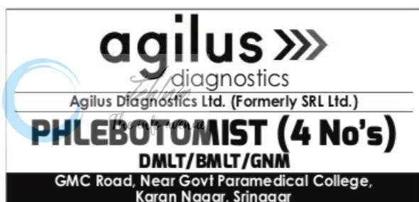 Agilus Diagnostics Ltd ADL Srinagar Phlebotomist job opportunities 2026