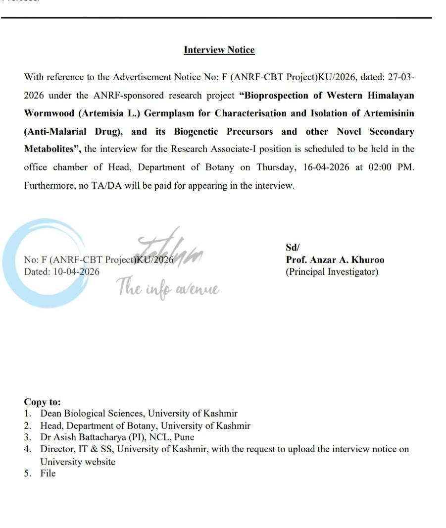 University of Kashmir KU Department of Botany Srinagar Research Associate-I job opportunities notice F/ANRF-CBT Project/KU/2026