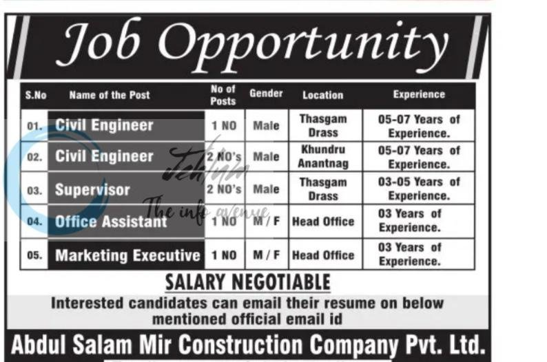 Abdul Salam Mir Construction Company Pvt Ltd ASMCC Srinagar Civil Engineer Supervisor Office Assistant job opportunities 2026