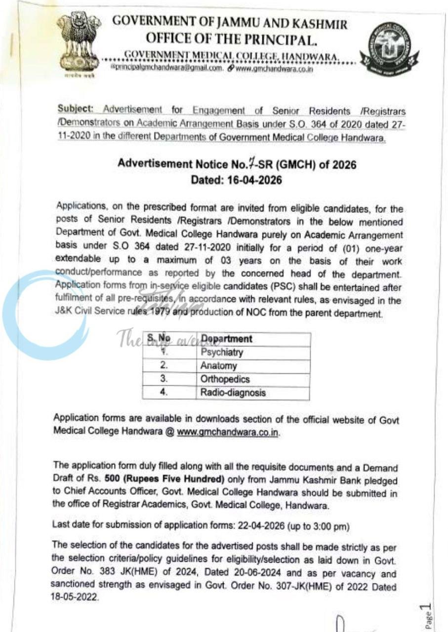 Government Medical College GMCH Handwara Senior Residents Registrars Demonstrators job opportunities notice 7-SR/GMCH/of 2026