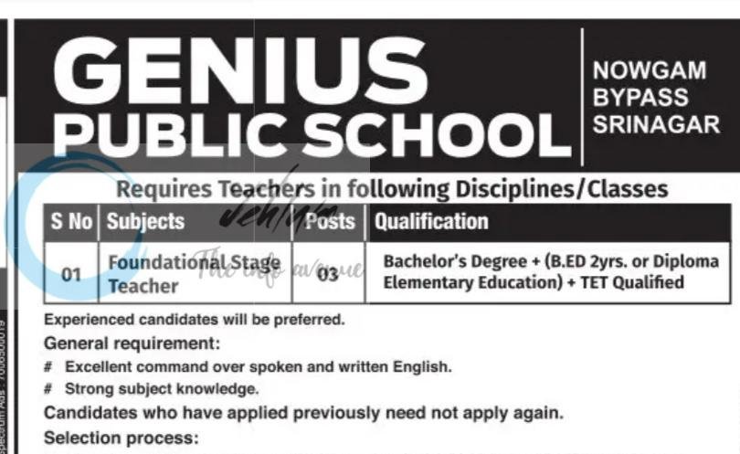 GENIUS PUBLIC SCHOOL GPS NOWGAM SRINAGAR FOUNDATIONAL STAGE TEACHER job opportunities 2026