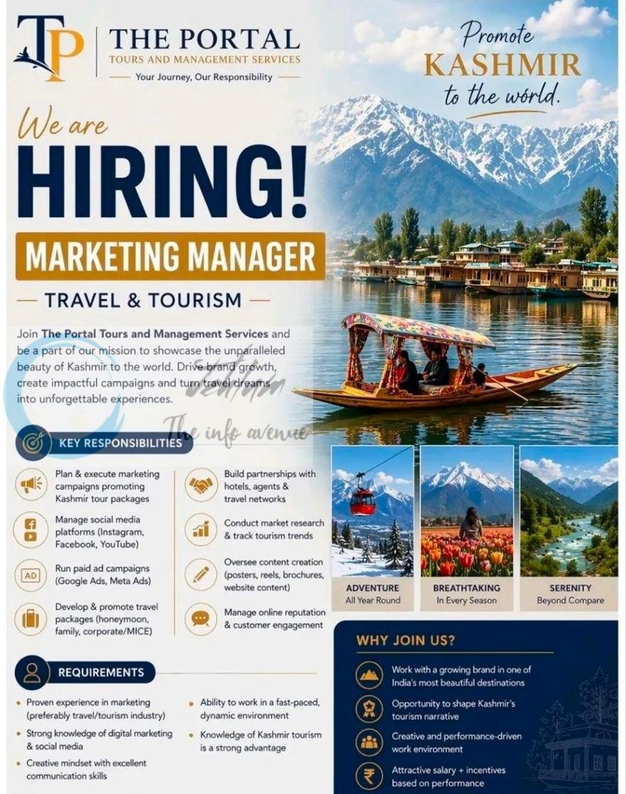 THE PORTAL TOURS AND MANAGEMENT SERVICES SRINAGAR MARKETING MANAGER job opportunities 2026