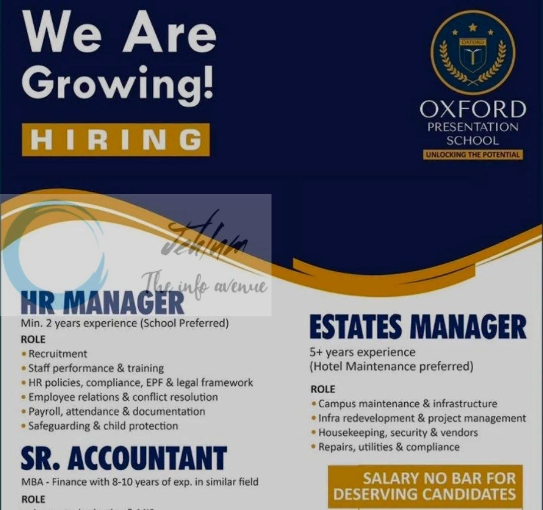 Oxford Presentation School OPS Anantnag HR Manager Sr Accountant Estates Manager job opportunities 2026