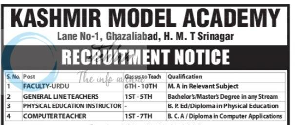 Kashmir Model Academy KMA Srinagar Urdu Teacher General Line Teacher job opportunities 2026