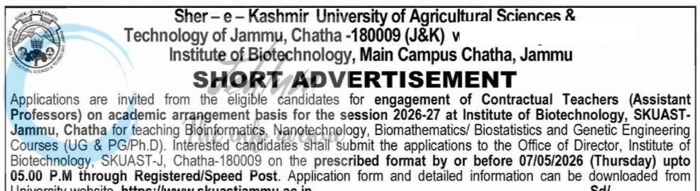 Sher e Kashmir University of Agricultural Sciences and Technology of Jammu SKUAST Jammu Institute of Biotechnology Jammu Contractual Teachers Assistant Professors job opportunities notice AUJ/IBT/26-276/F-113/117-136