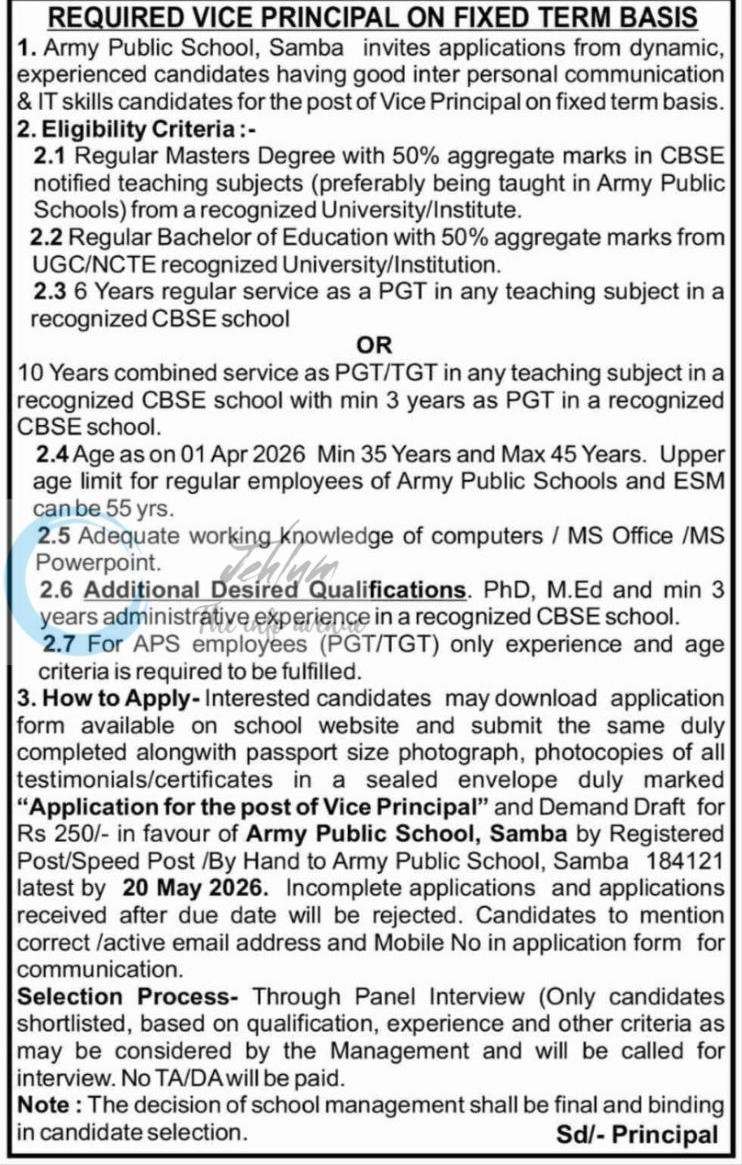 Army Public School APS Samba Vice Principal job opportunities 2026